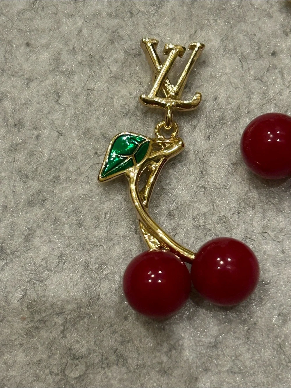MUST HAVE…Gold-Tone Lettered Cherry Drop Earrings with Red Beads and Green Leaf - Picture 6 of 9